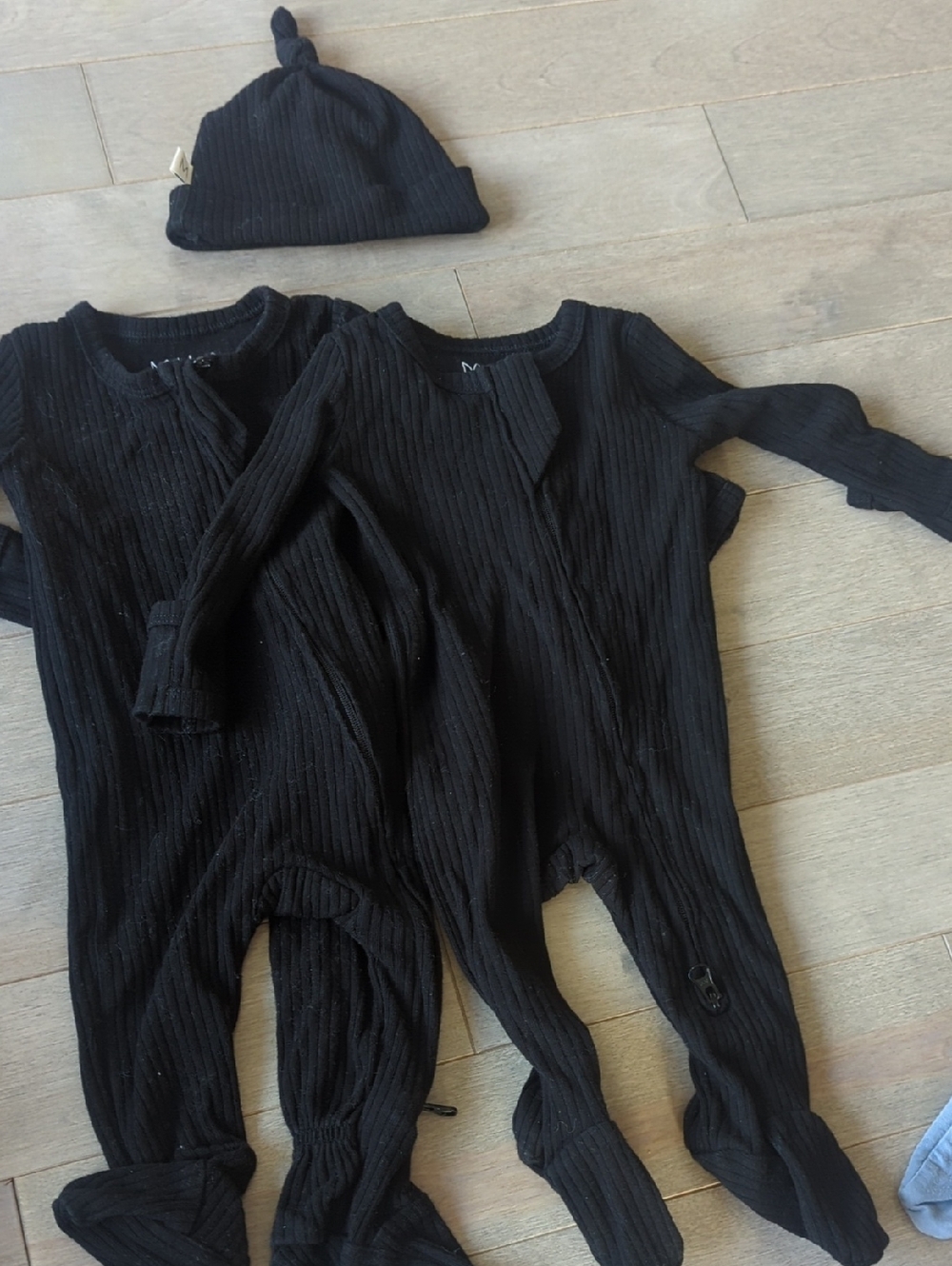 Mila & Co. Black Ribbed Baby One-Piece Romper with Hat - Pack of 2